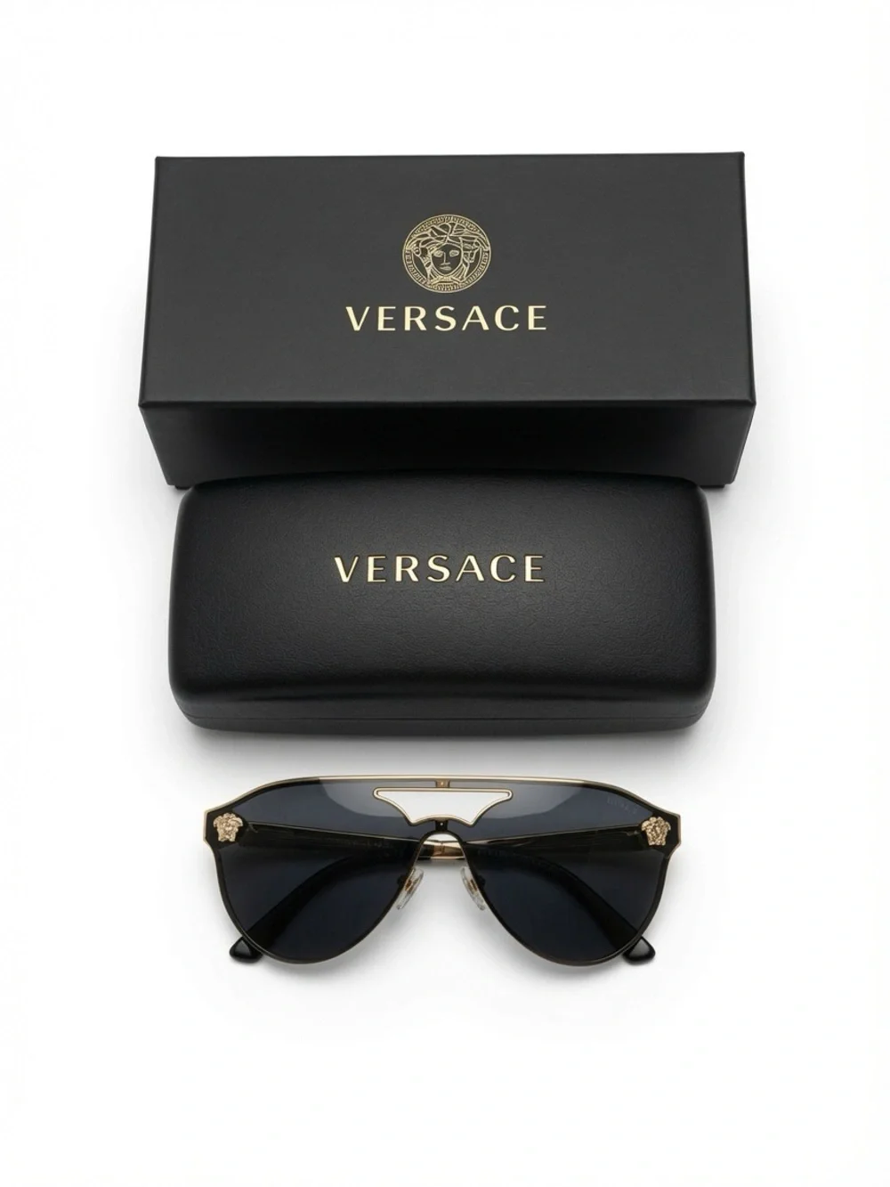 Versace Sunglasses VE2161 (gold/black Medusa shield/visor style)